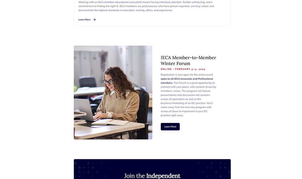 Woman attending an online educational forum, focused on her laptop, wearing glasses and a beige sweater, with a notepad and pen on the table, representing engagement in professional development and networking within the IECA community.