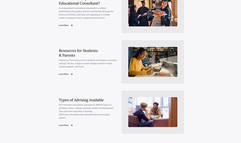 Image depicting a professional educational consultant engaging with clients, showcasing resources for students and parents, and illustrating various types of advising available, emphasizing personalized guidance in the college application process.