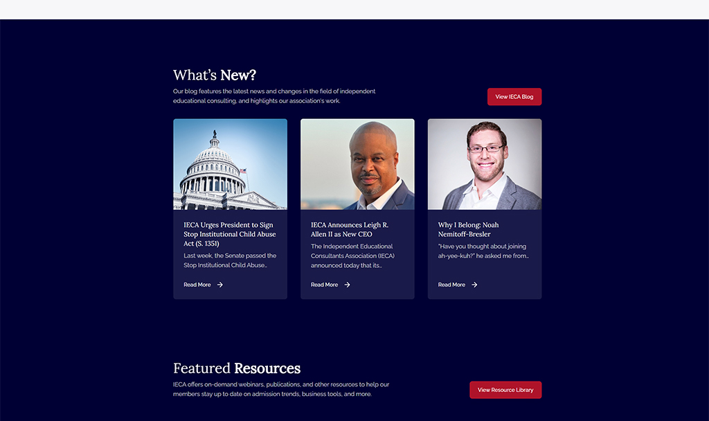 Alt text: Homepage of the IECA blog featuring recent articles on educational consulting, including a call to action for signing the Stop Institutional Child Abuse Act, an announcement of a new CEO, and a personal reflection by a member.
