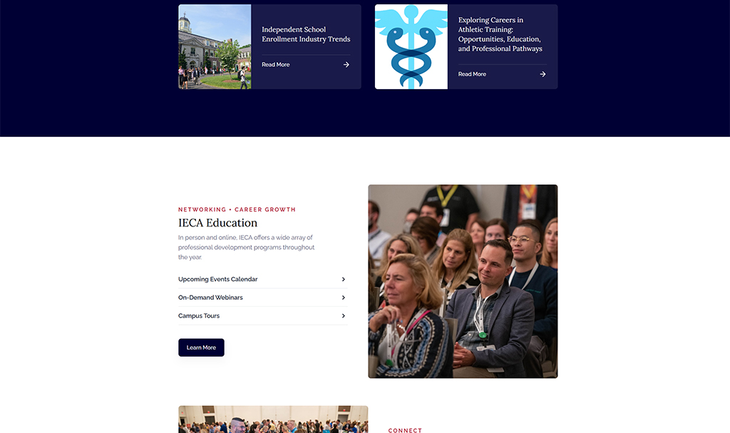 A diverse group of professionals engaged in a conference session, focused on networking and career growth opportunities, highlighting IECA Education programs and events.