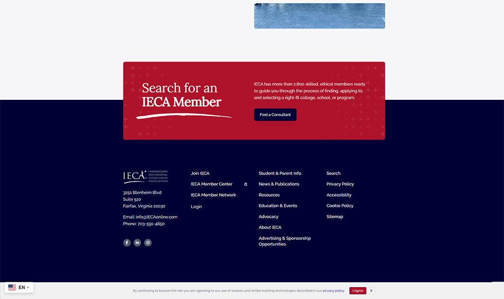 Homepage of the Independent Educational Consultants Association (IECA) featuring a prominent search function for finding IECA members, along with contact information and links to resources, advocacy, and membership details.