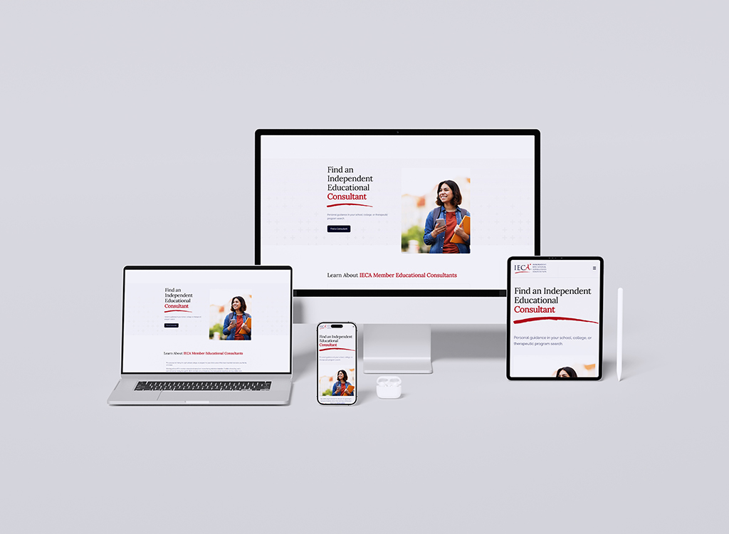 Image of multiple devices displaying a website for finding independent educational consultants. The screens show the text 