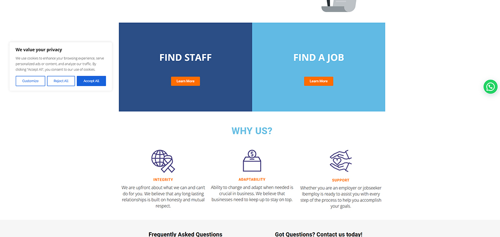 Homepage of a staffing and job placement website featuring sections for 