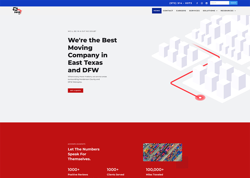 Homepage of a moving company in East Texas and DFW, highlighting services, client testimonials, and achievements such as positive reviews, clients served, and miles traveled. Features a modern design with a city map illustration and a call-to-action for quotes.