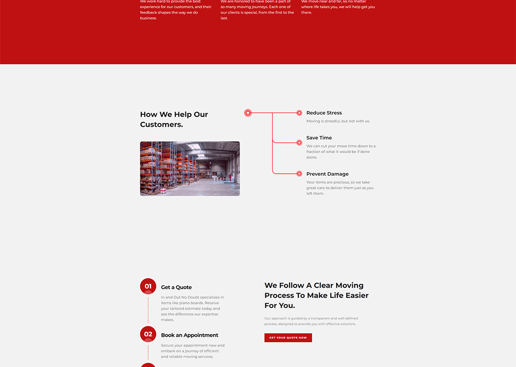 Interior view of a warehouse showcasing organized shelving and storage solutions, emphasizing the efficient and reliable moving services offered by the company.