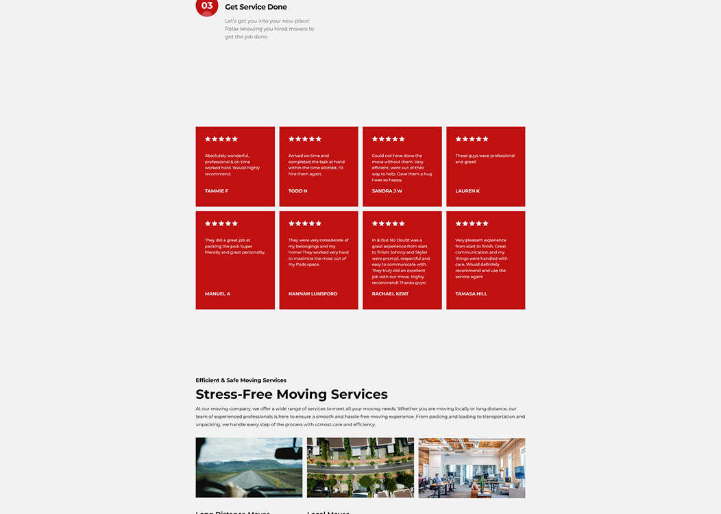 Customer testimonials showcasing positive experiences with a moving company, highlighting professionalism, efficiency, and friendly service. The image features multiple reviews with five-star ratings from various clients, emphasizing stress-free moving and exceptional communication.