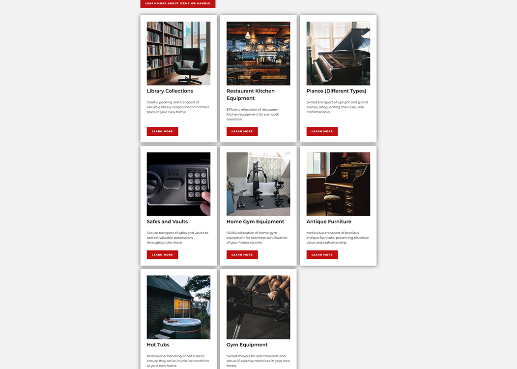 Image showcasing a variety of services offered for transporting valuable items, including library collections, restaurant kitchen equipment, pianos, safes, home gym equipment, antique furniture, hot tubs, and gym equipment, with a focus on careful handling and preservation of each item's value.