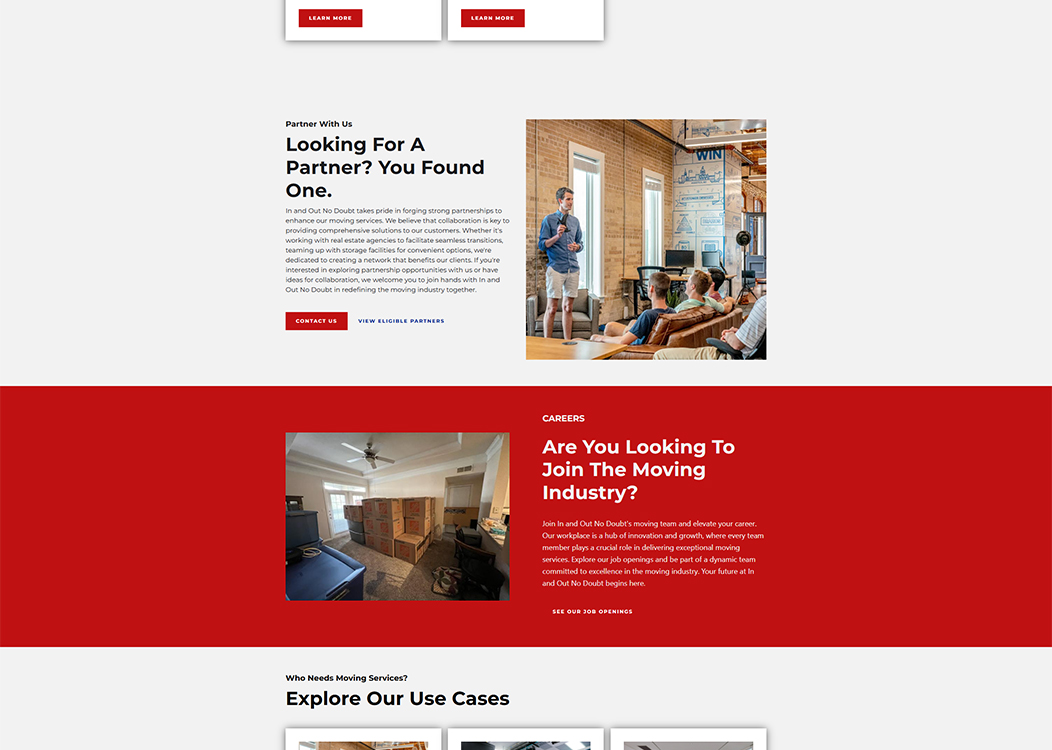 Image of a modern office space featuring a team meeting with several individuals discussing partnership opportunities in the moving industry, along with boxes indicating moving services. The layout highlights career opportunities and collaboration options within the company.