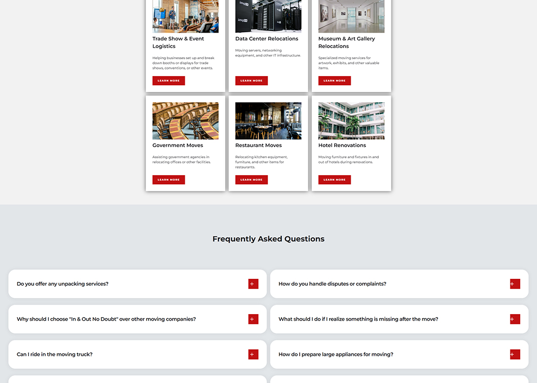 Image showcasing a webpage layout featuring services like trade show logistics, data center relocations, museum and art gallery relocations, government moves, restaurant moves, and hotel renovations, along with a section for frequently asked questions about moving services.