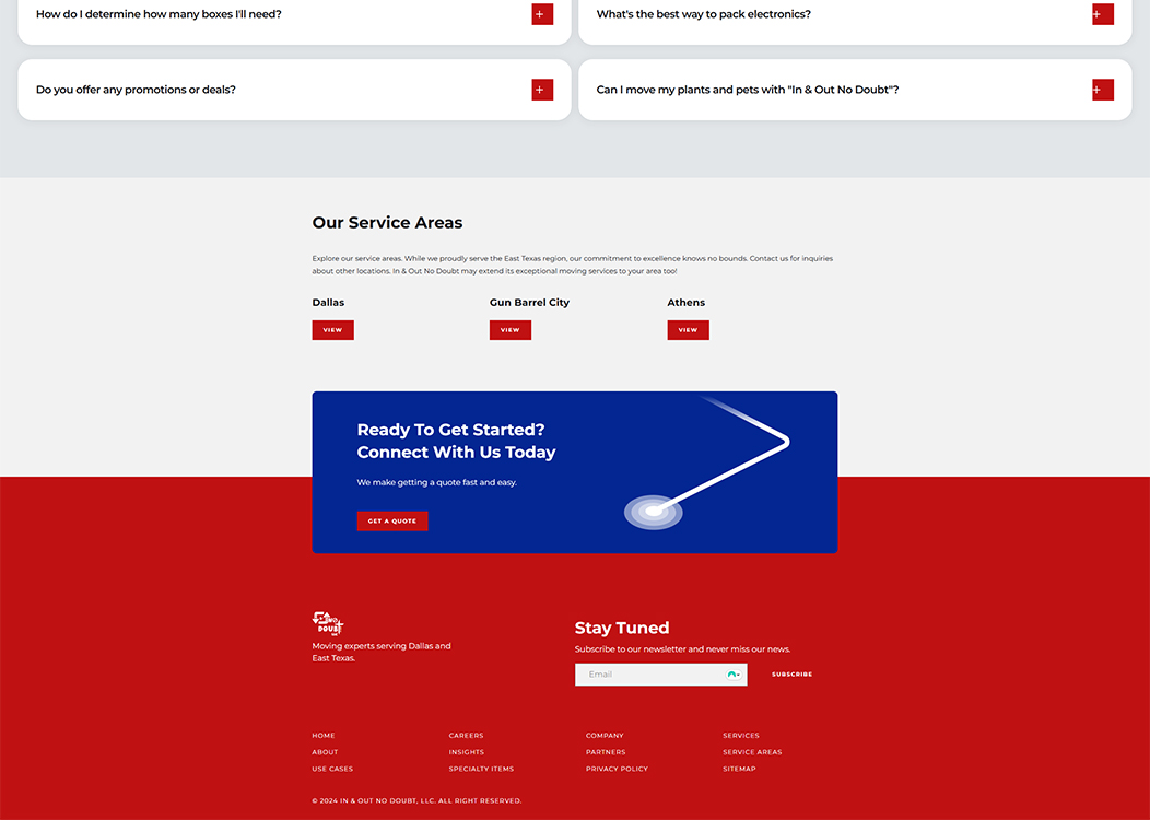 Website footer showcasing service areas for a moving company, including Dallas, Gun Barrel City, and Athens, with a call-to-action for quotes and newsletter subscription.