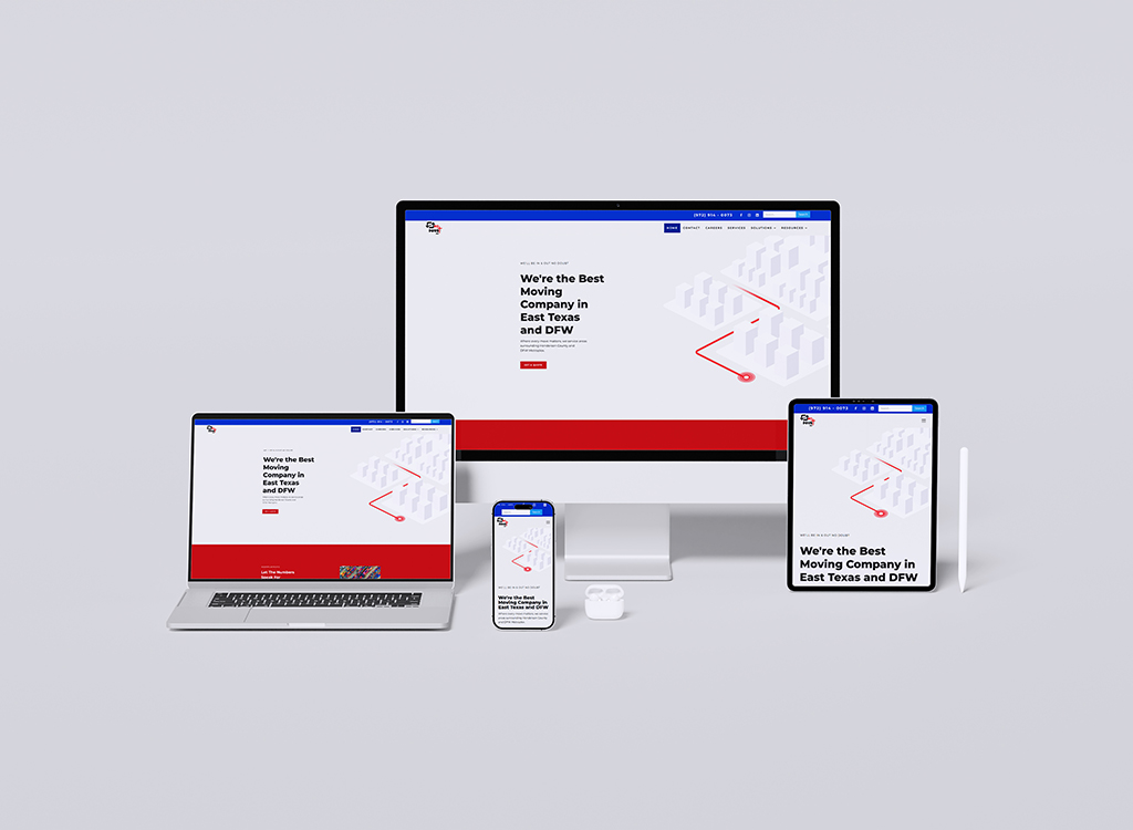 Image of multiple devices displaying a website for a moving company, showcasing responsive design. The website emphasizes the company's services in East Texas and the DFW area, featuring a modern layout with a clear call to action.