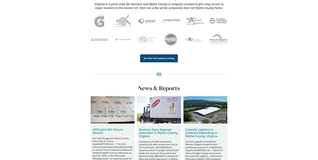 Wythe County, Virginia, business highlights featuring logos of local companies and news updates on industry developments, including the 2025 Joint IDA Tenure Awards and expansions by Duchess Dairy and Camrett Logistics.