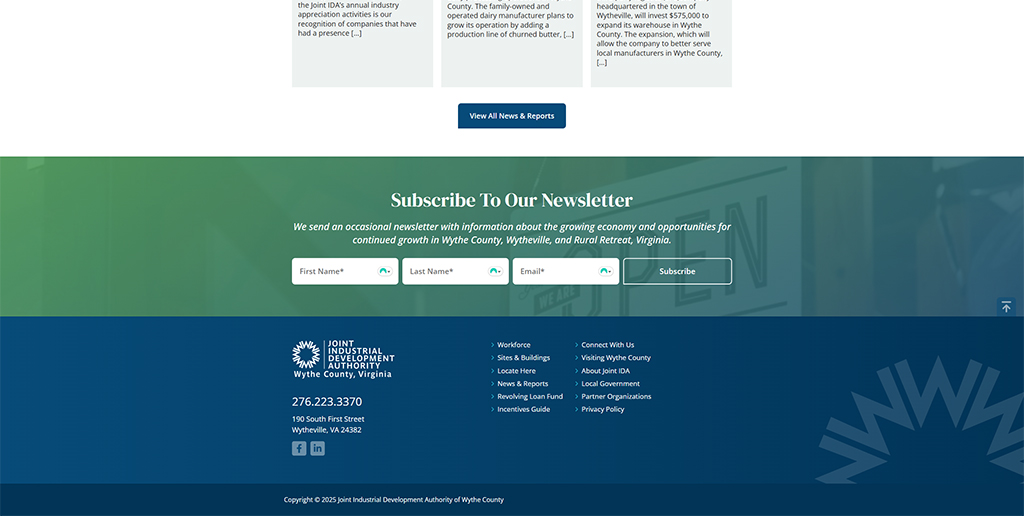 Newsletter subscription section of the Joint Industrial Development Authority website for Wythe County, Virginia, highlighting opportunities for economic growth and development in the region.