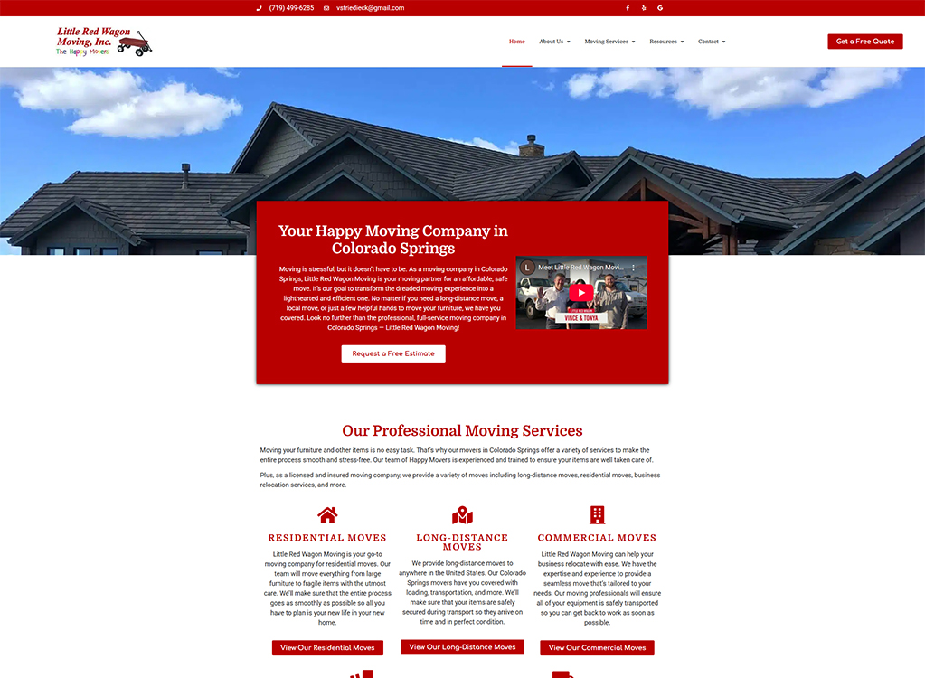 Website of Little Red Wagon Moving, Inc., a professional moving company in Colorado Springs, offering residential, long-distance, and commercial moving services. The homepage features a welcoming message, service descriptions, and a call to action for free estimates.