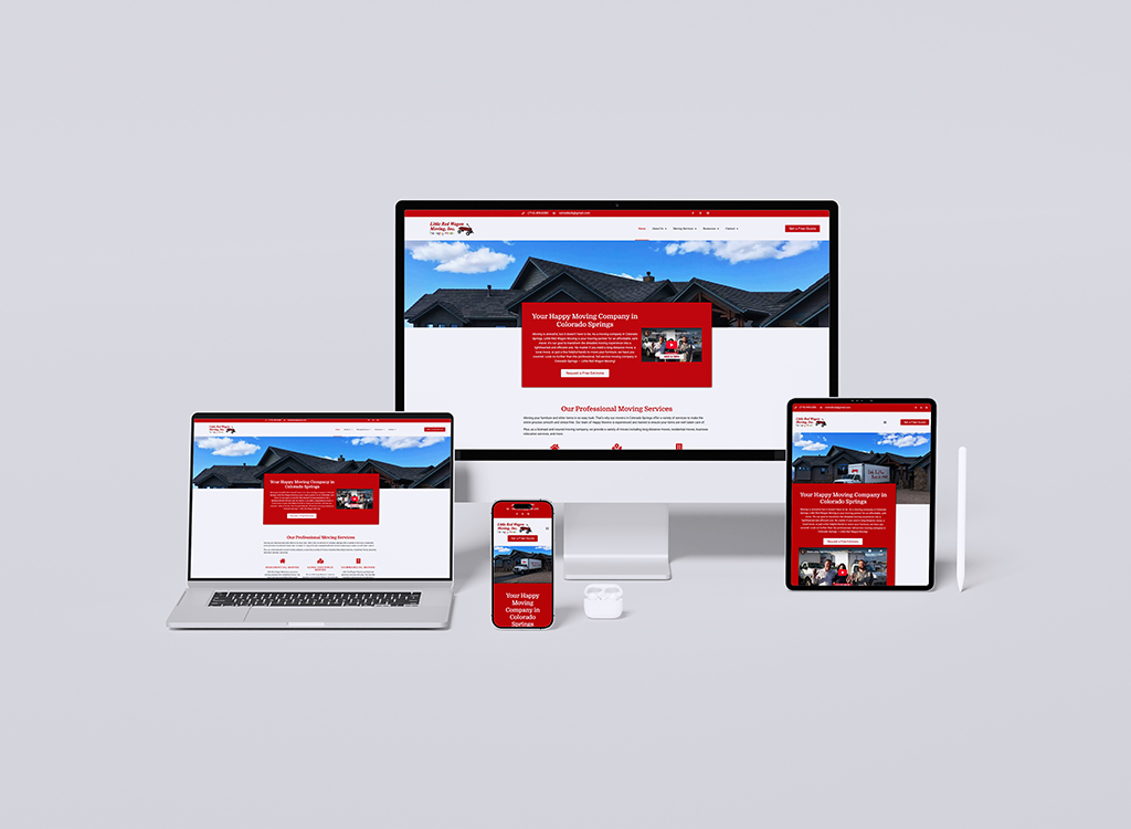 Image of multiple devices displaying a professional moving company website, showcasing services in Colorado Springs. The layout includes a desktop monitor, laptop, tablet, and smartphone, all featuring a modern design with red accents and images related to moving services.