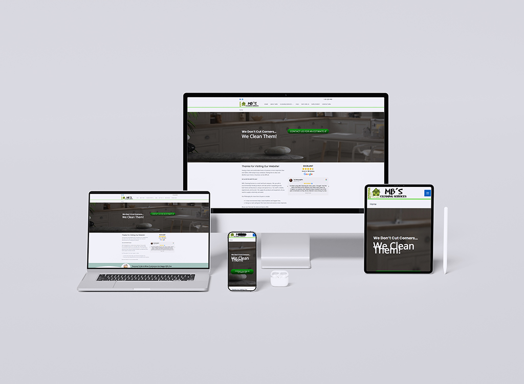 Image of multiple devices displaying a cleaning service website, featuring a modern design, service information, and customer testimonials. The website emphasizes quality cleaning with the slogan 