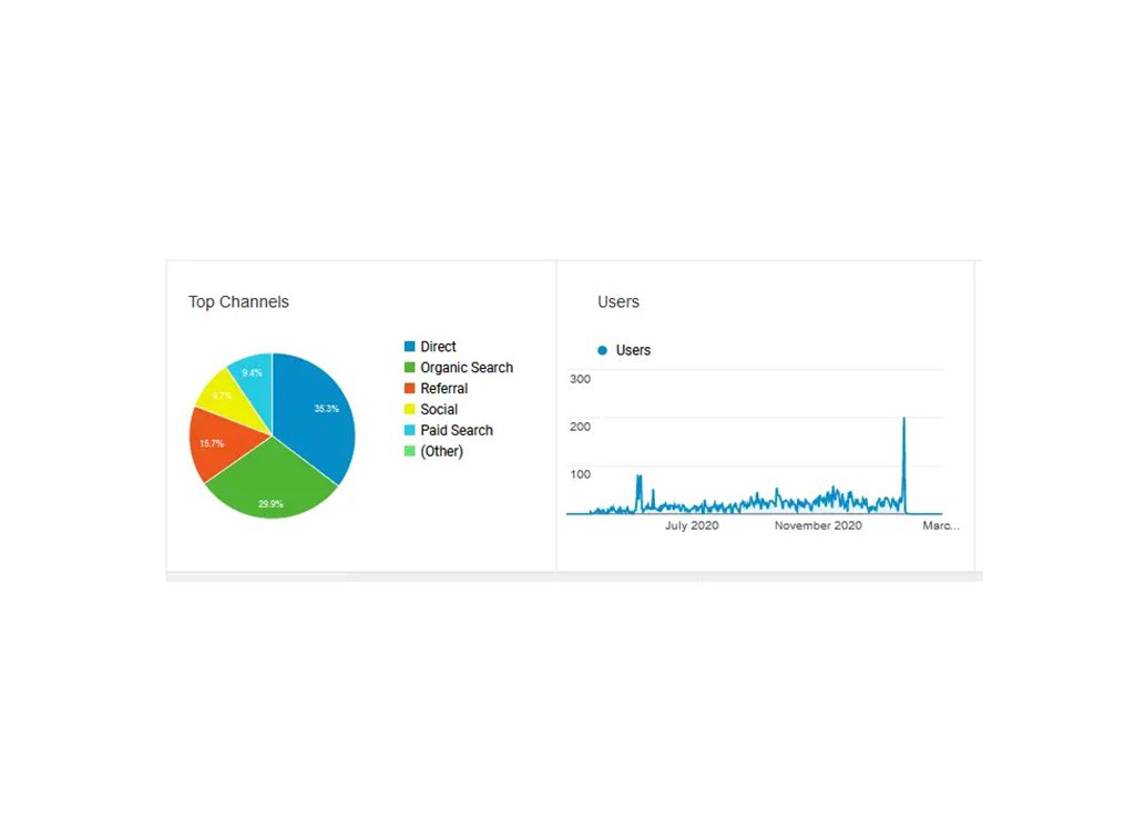 Pie chart illustrating top traffic channels including Direct, Organic Search, Referral, Social, and Paid Search, alongside a line graph showing user growth trends over time, with notable spikes in user activity.