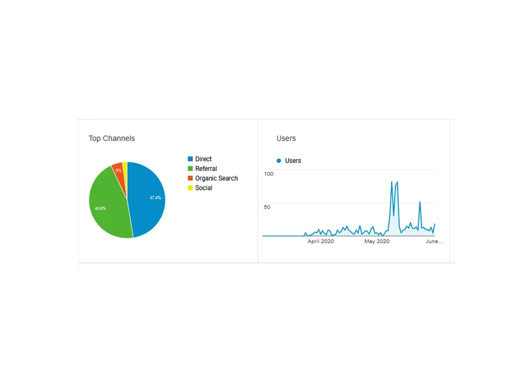 Pie chart showing website traffic sources with percentages for Direct (45.6%), Referral (5%), Organic Search (47.4%), and Social (2%). Line graph depicting user activity from April to June 2020, highlighting spikes in user engagement.