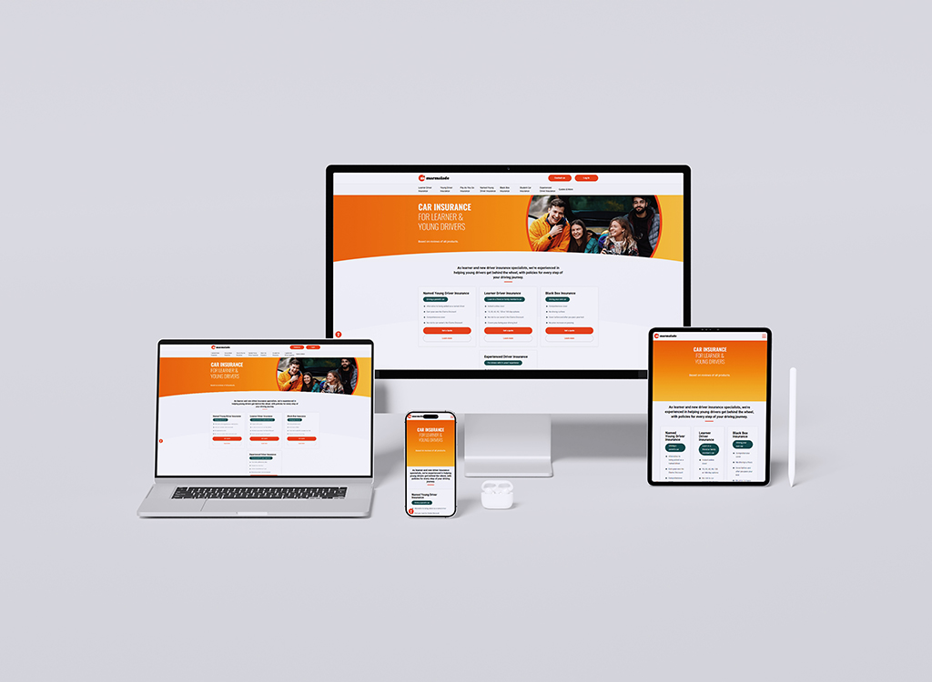 Image of a responsive website design showcasing car insurance options for young drivers, displayed on multiple devices including a desktop computer, laptop, tablet, and smartphone. The website features a vibrant orange header and clear navigation for learner and experienced drivers, emphasizing user-friendly access to insurance information.