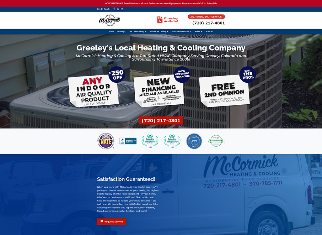 Greeley's McCormick Heating & Cooling website showcasing HVAC services, including air quality products, financing options, and emergency service contact information.