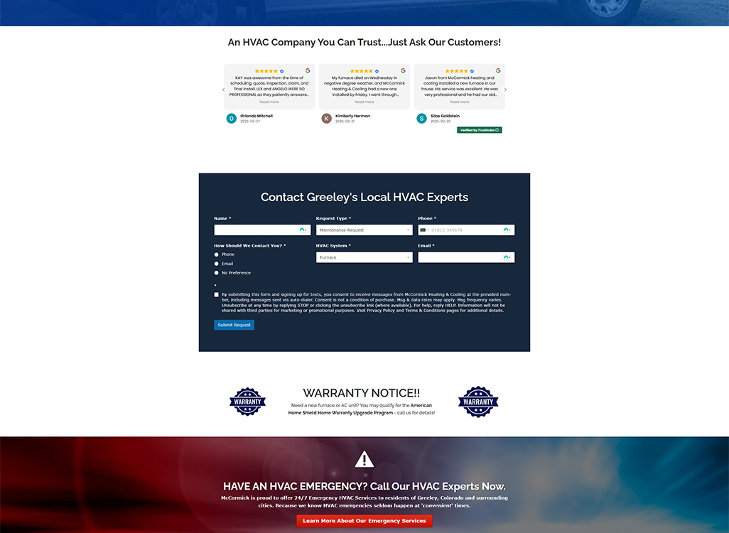 Customer testimonials and contact form for Greeley's HVAC experts, featuring service requests and emergency HVAC information.