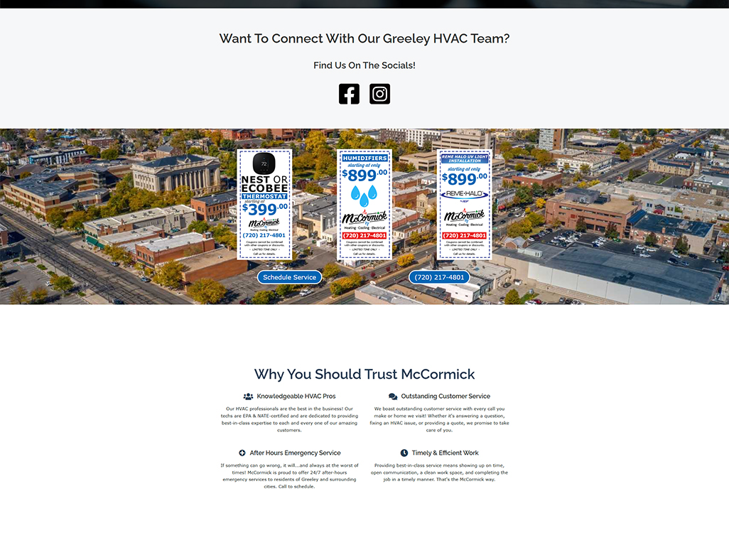 Aerial view of Greeley, Colorado, showcasing McCormick HVAC services with promotional signage for Nest or Ecobee thermostats, humidifiers, and REME HALO light installations, emphasizing customer service and emergency support.