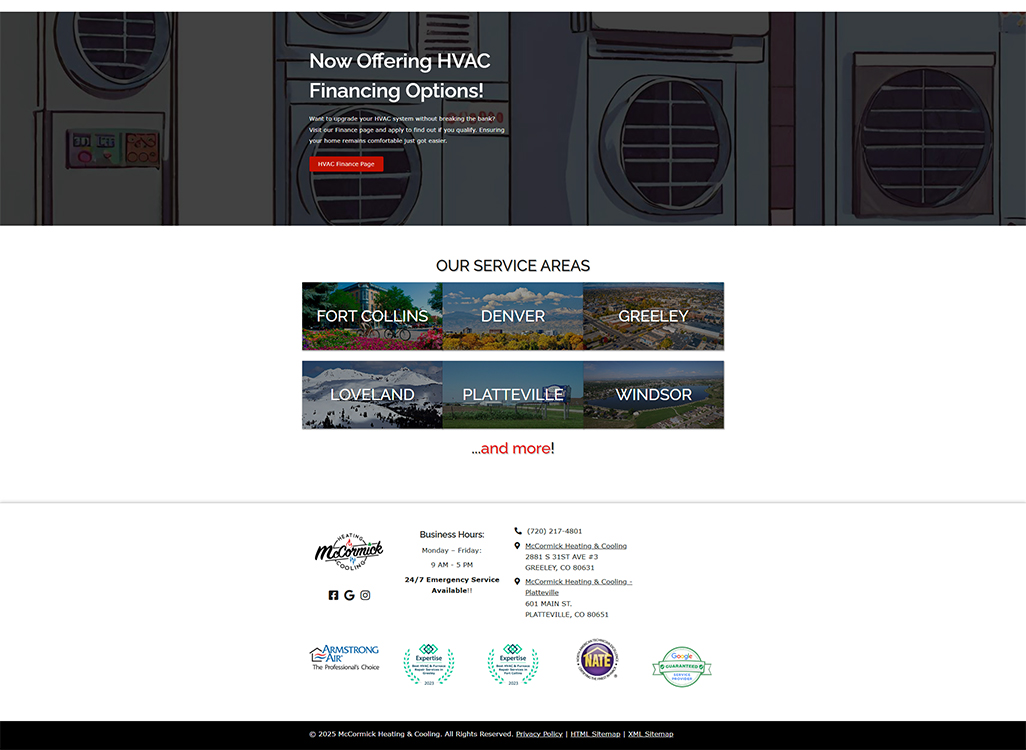 Image of McCormick Heating & Cooling website promoting HVAC financing options and service areas including Fort Collins, Denver, Greeley, Loveland, Platteville, and Windsor, along with business contact information and operating hours.