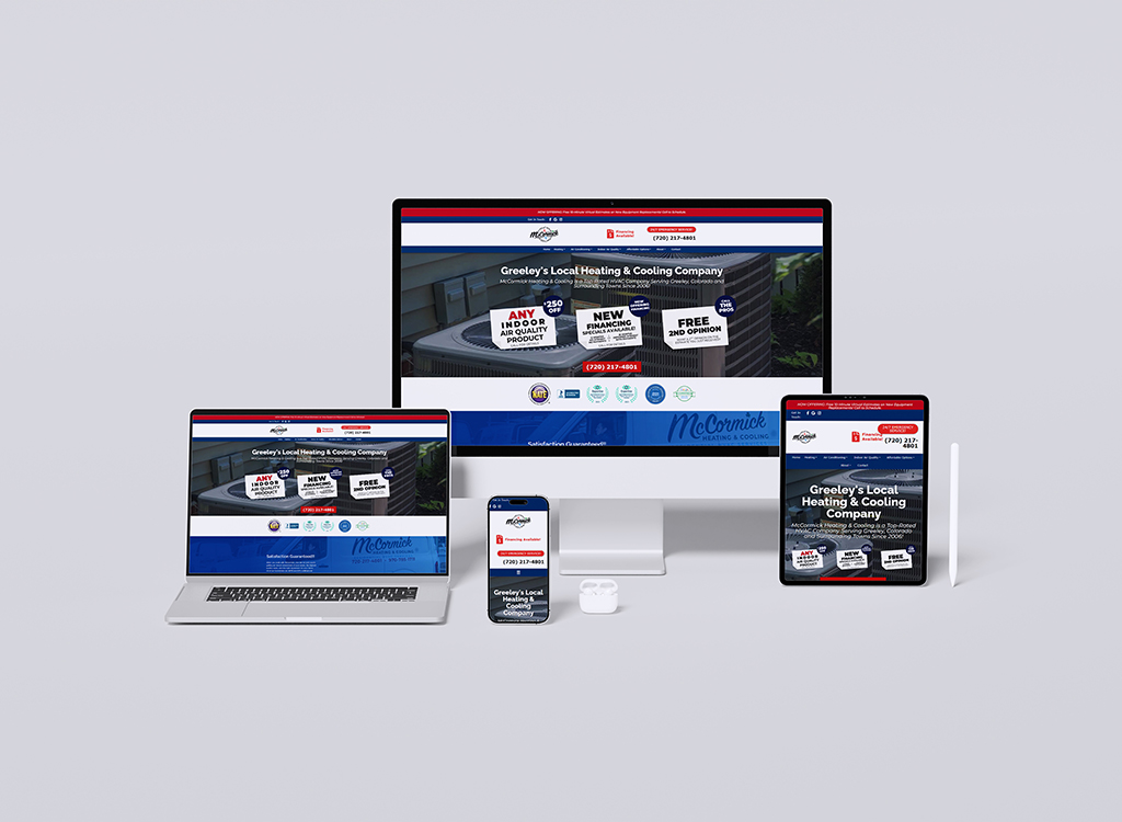 Responsive website design for McCormick Heating & Cooling, showcasing services and promotions on various devices including a desktop, laptop, tablet, and smartphone. The homepage features offers like new financing options and free second opinions, emphasizing local service in Greeley.