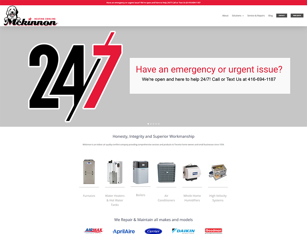 McKinnon Heating and Cooling website homepage featuring a prominent 