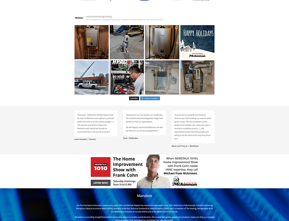 Image showcasing McKinnon Heating and Cooling's HVAC services, featuring various installations and maintenance tasks, customer testimonials, and a festive holiday greeting, emphasizing their expertise and commitment to quality service in the Greater Toronto Area.