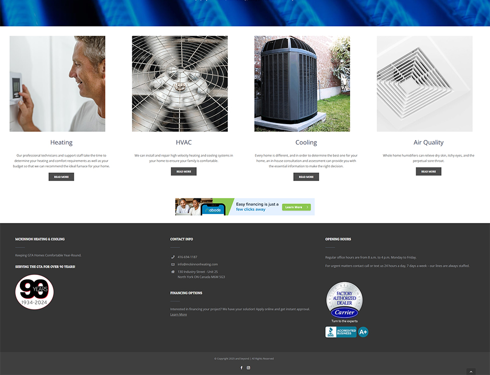 Image showcasing McKinnon Heating & Cooling services, including heating, HVAC, cooling, and air quality solutions for homes. Features a professional technician, HVAC equipment, and information about financing options.