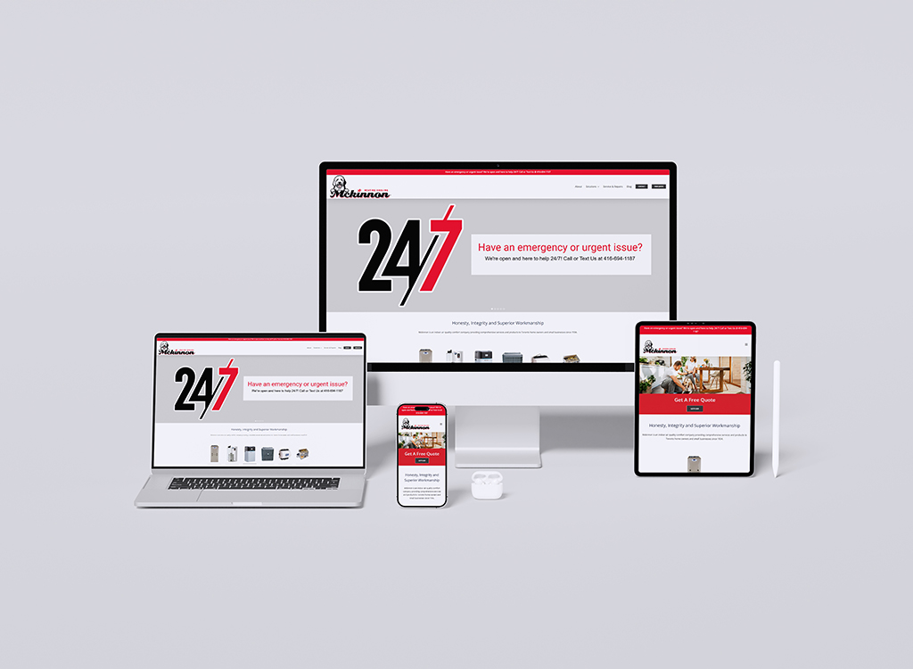 Responsive website design showcasing emergency services on multiple devices including a desktop, laptop, tablet, and smartphone. The screen displays a prominent 