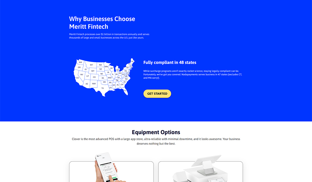 Infographic highlighting why businesses choose Meritt Fintech, featuring a map of the U.S. showing compliance in 48 states, with a focus on transaction processing and equipment options for small and large businesses.