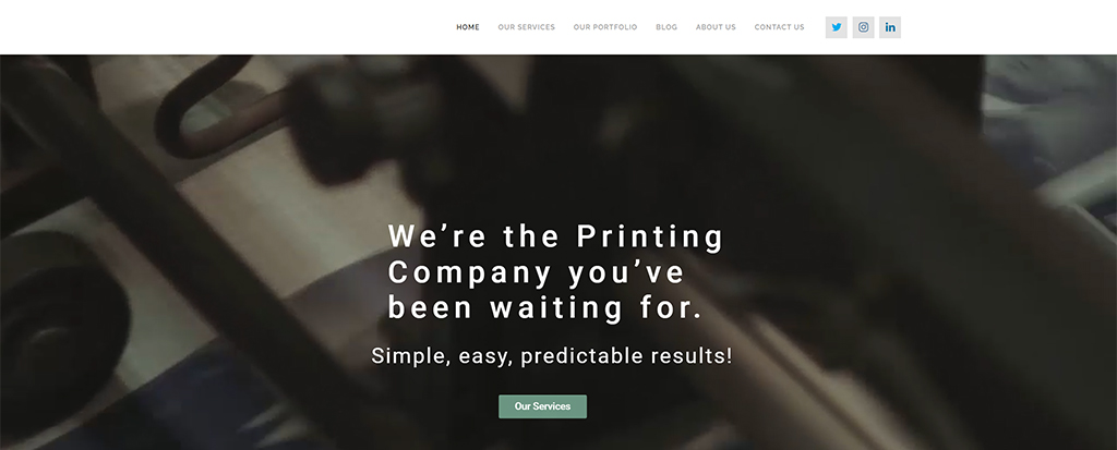 Homepage of a printing company featuring a modern design, showcasing the tagline about providing simple and predictable printing services. The image highlights the printing process with machinery and tools in the background.