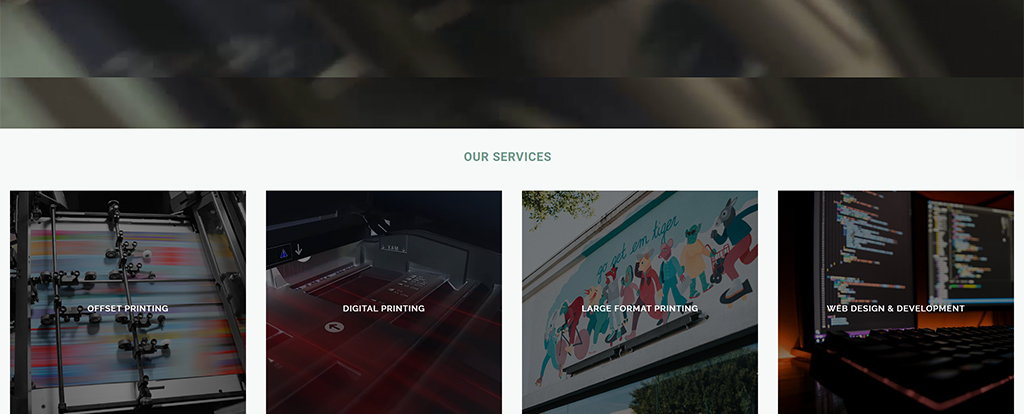 Image showcasing a range of printing and web design services, including offset printing, digital printing, large format printing, and web design and development.