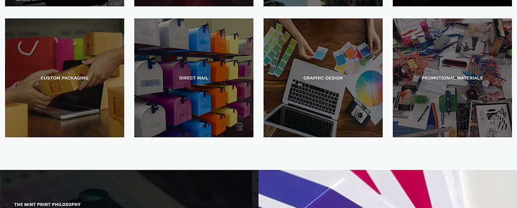 Grid layout showcasing various services offered, including custom packaging, direct mail, graphic design, and promotional materials, with images depicting each service.