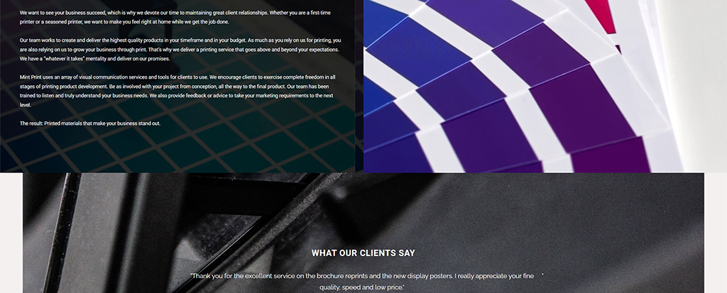 Alt text: A collage showcasing Mint Print's diverse printing services, featuring colorful printed materials, a close-up of a printing process, and client testimonials highlighting satisfaction with quality and pricing.