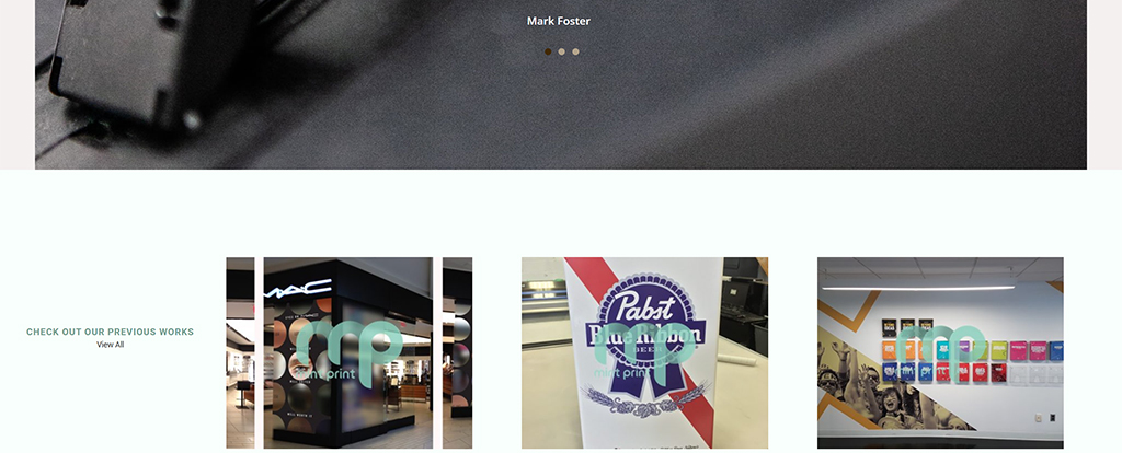 Image showcasing the portfolio of Mark Foster, featuring a variety of previous works including branding displays, packaging designs, and wall art. The image highlights a modern design aesthetic with a focus on print and visual communication.