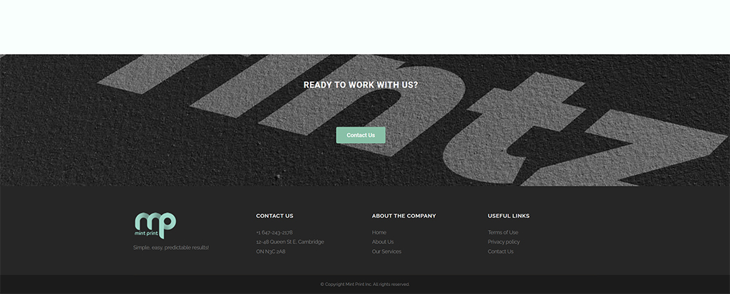 Footer section of Mint Print website featuring contact information, company details, and useful links, with a modern design and a call-to-action to collaborate.