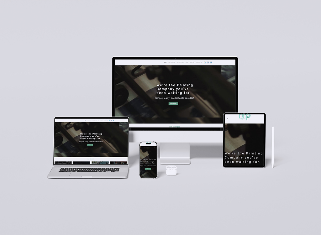 Mockup of a responsive website for a printing company displayed on multiple devices, including a desktop, laptop, tablet, and smartphone, showcasing a modern design with a focus on user-friendly navigation and clear messaging.