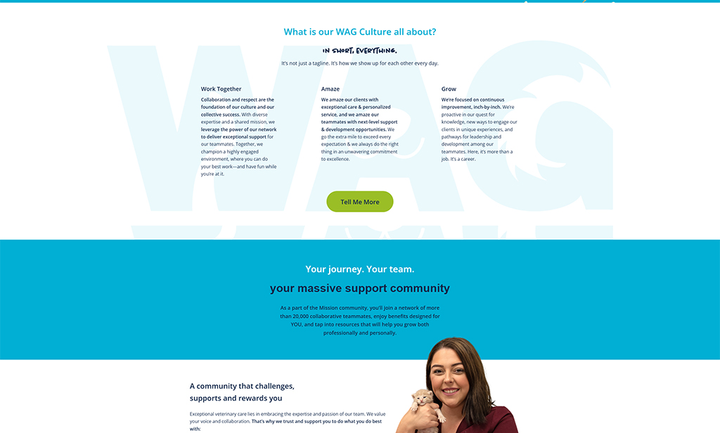 Image depicting a vibrant webpage showcasing the WAG culture, emphasizing collaboration, support, and personal growth within a community of over 20,000 members. The layout includes sections for 