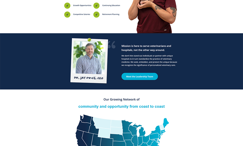 Image of Dr. Jay Price, CEO, in a casual setting, emphasizing the company's mission to support veterinarians and hospitals. The graphic highlights key benefits such as growth opportunities, continuing education, competitive salaries, and retirement planning, alongside a map representing the organization's nationwide network.