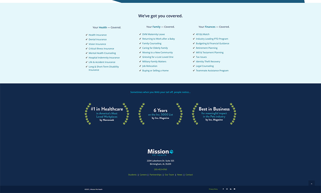 Image showcasing the services offered by Mission Pet Health, including health, family, and financial coverage options. Highlights include health insurance, dental and vision insurance, maternity leave, retirement planning, and legal counseling. Recognized as #1 in Healthcare by Newsweek and noted for its impact in the pet industry by Inc. Magazine.