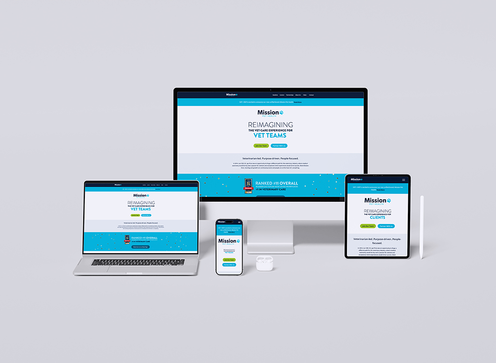 Image showcasing multiple devices displaying the Mission website, featuring the tagline 