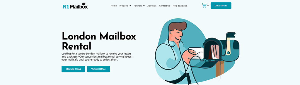 Illustration of a person interacting with a mailbox, promoting N1 Mailbox's London mailbox rental service for secure mail and package handling. Features include mailbox plans and virtual office options.