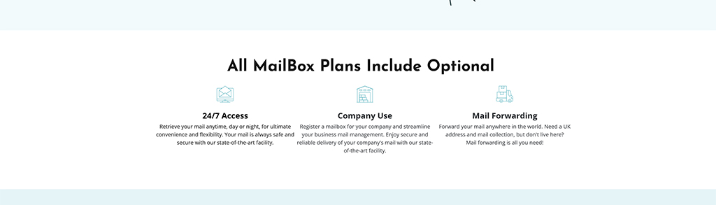 Alt text: Overview of MailBox plans highlighting features such as 24/7 access to mail, company use for streamlined business management, and mail forwarding services for global delivery.