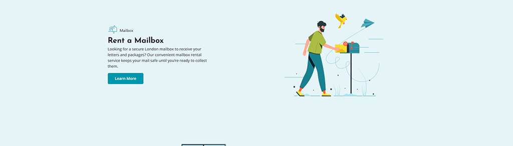 Illustration of a person renting a mailbox in London, surrounded by letters and packages, promoting a secure mailbox rental service for safe mail collection.