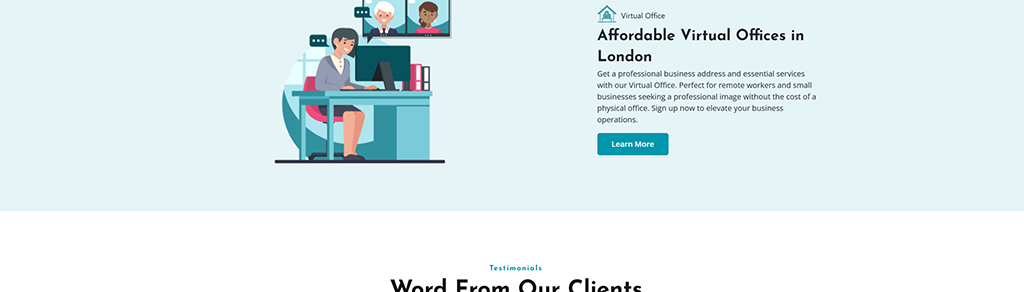 Illustration of a virtual office setup featuring a woman working at a desk with a computer, alongside two colleagues in video call frames. The image promotes affordable virtual office services in London, ideal for remote workers and small businesses.