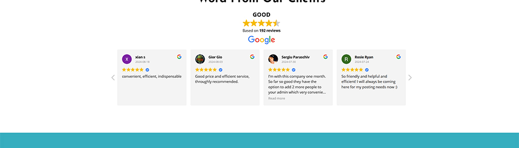 Customer testimonials showcasing positive reviews for a service, featuring four 5-star ratings and comments highlighting convenience, efficiency, and helpfulness. The reviews emphasize customer satisfaction and strong recommendations, contributing to a good overall rating based on 192 reviews.