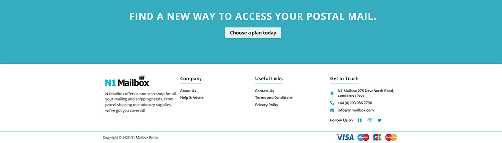 N1 Mailbox website footer showcasing mailing and shipping services, contact information, and navigation links for users to access postal mail solutions.